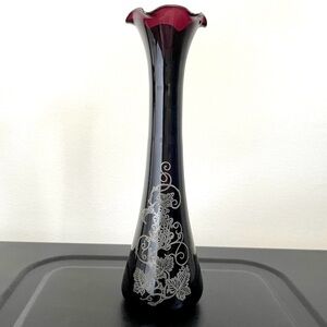 Vintage Black Amethyst Bud Vase with Silver, 8”